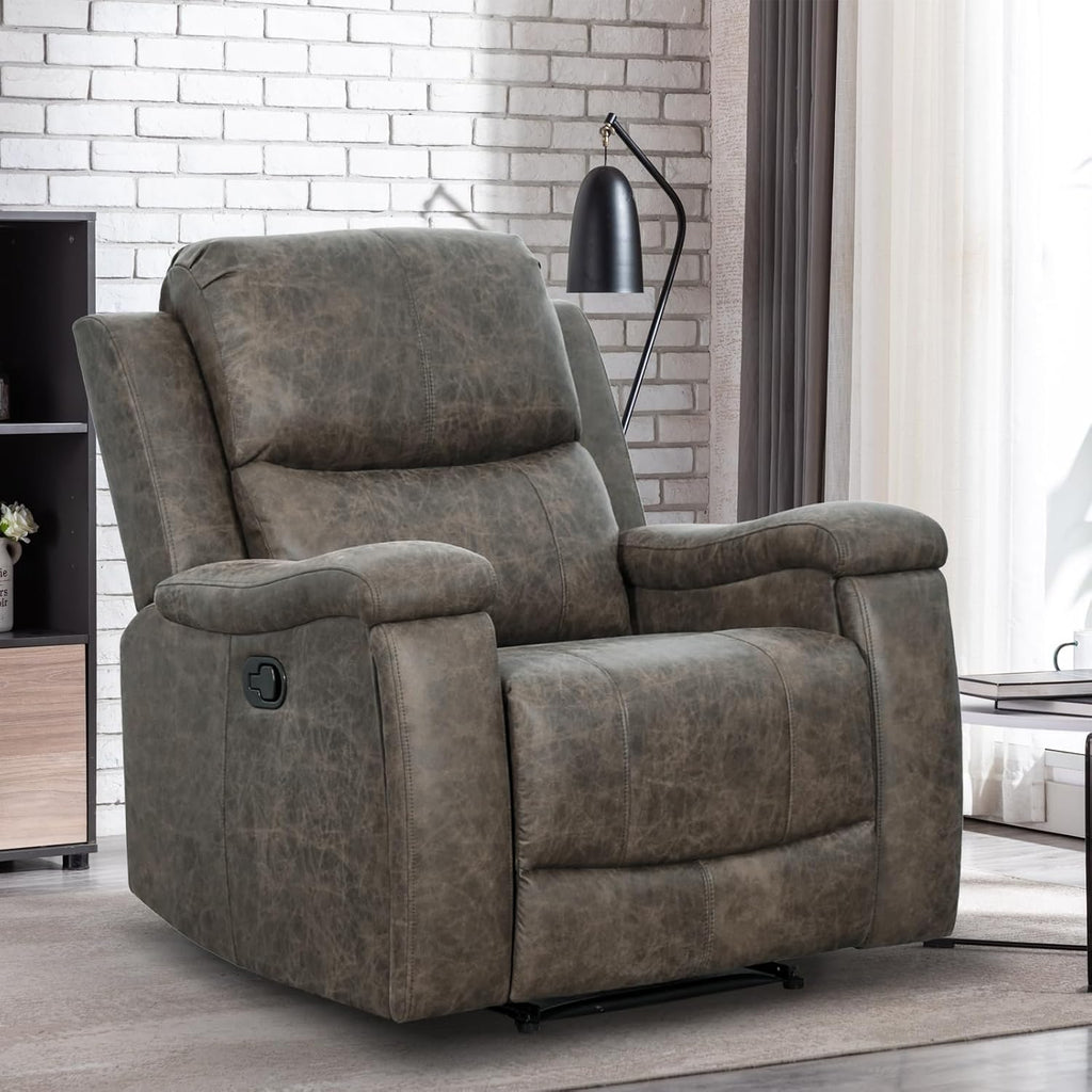 Grey Recliner Chair, Single Overstuffed Sofa Recliners, Breathable Faux Leather Manual Reclining Chairs with Hidden