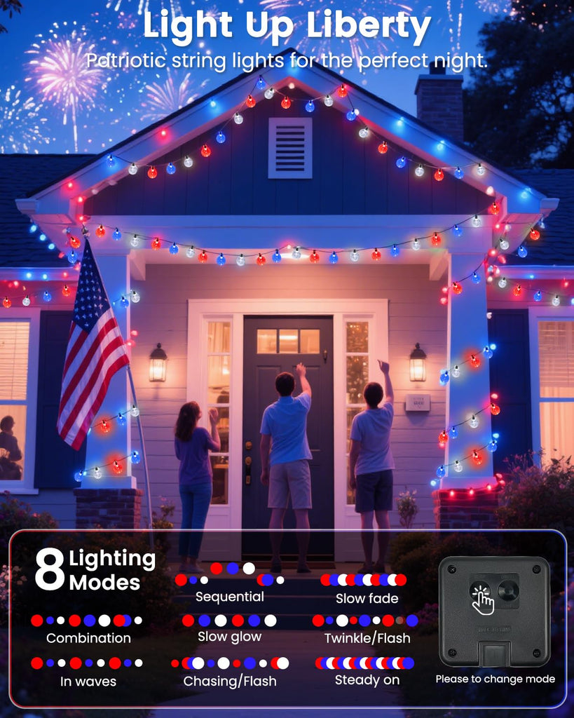 2 Pack 64FT 100 LED Red White and Blue Solar String Lights Outdoor