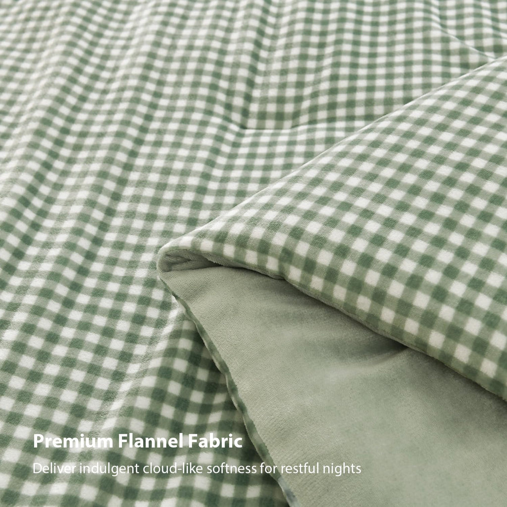 Velvet Flannel Gingham Comforter Set Full, 3 Pcs Sage Blanket