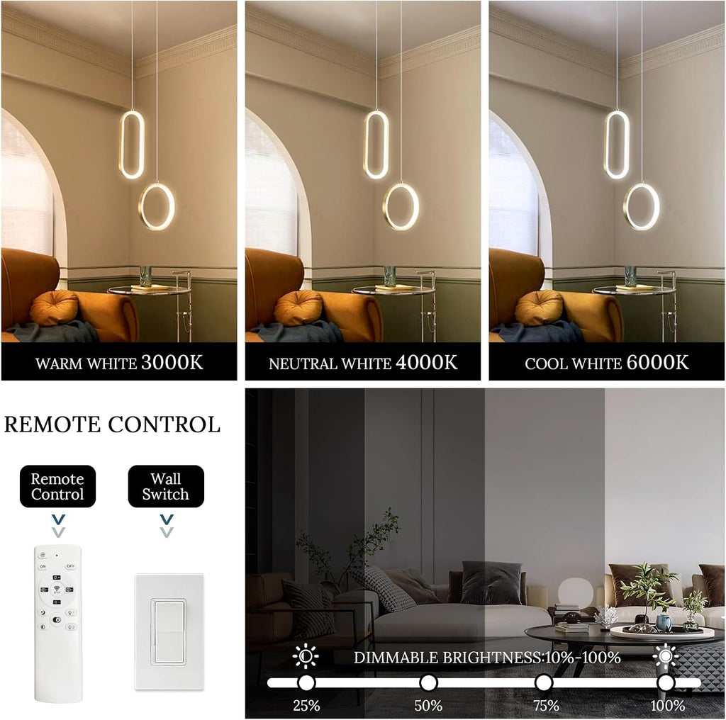 Gold Modern Mini LED Pendant Light with Remote Control, 2 Ring 24W 3-Color Temp Stepless Dimmable Ceiling Hanging