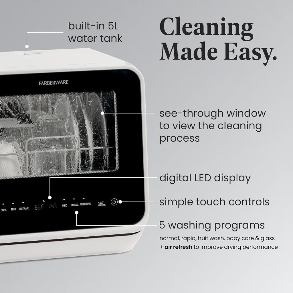 Portable Countertop Dishwasher with 5-Liter Built-in Water Tank - 5-Program System for Home, RV, and Apartment