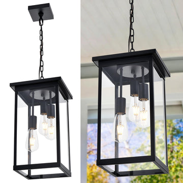 3-Light Black Outdoor Pendant Light Fixture, Adjustable Exterior Hanging Lantern Porch Light