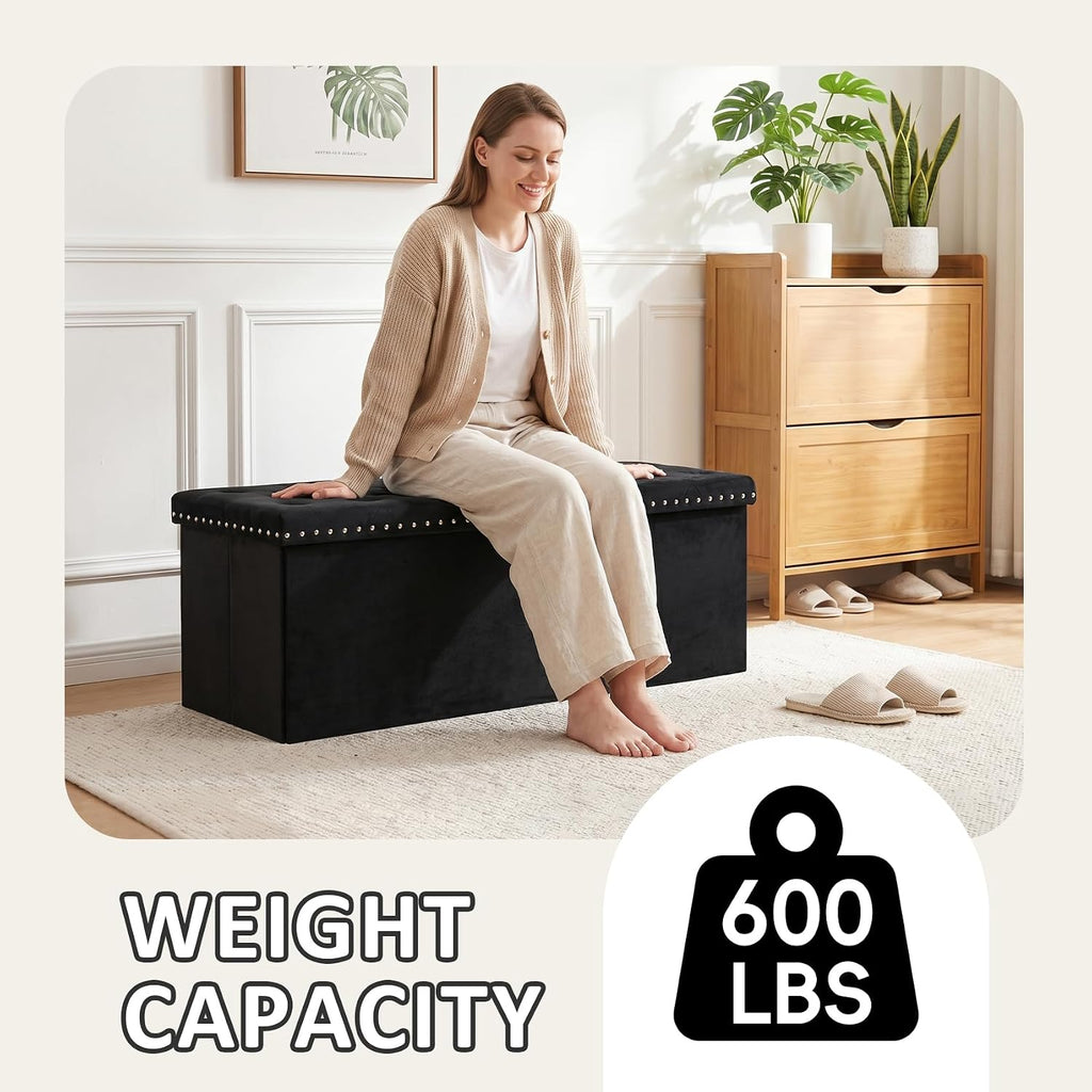 Black Storage Ottoman Bench , Folding Velvet Chest with Benches Foot Rest Stool, Large Long Shoes Chest