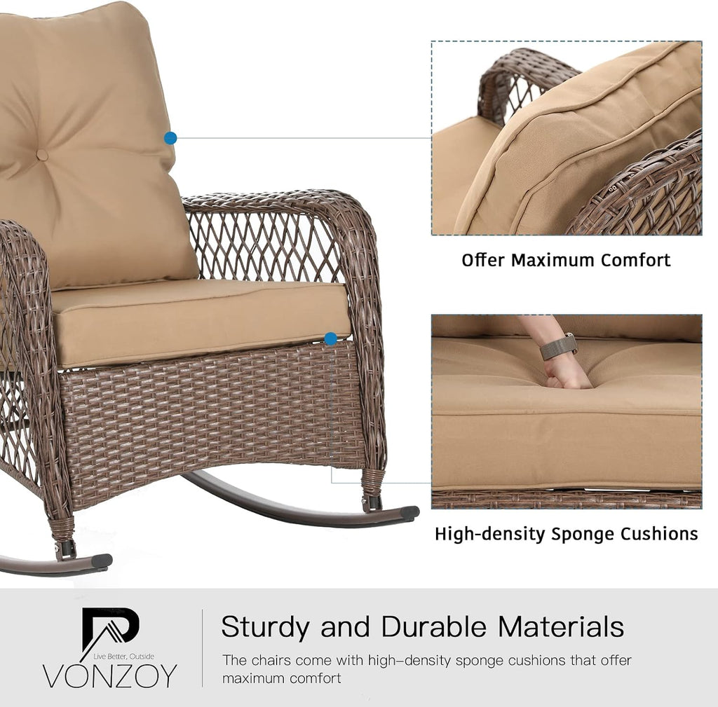 Patio Furniture Set 3 Pieces, Wicker Outdoor Rocking Bistro Set, Khaki | Outdoor Rocker Chairs with 4" Thick Cushions
