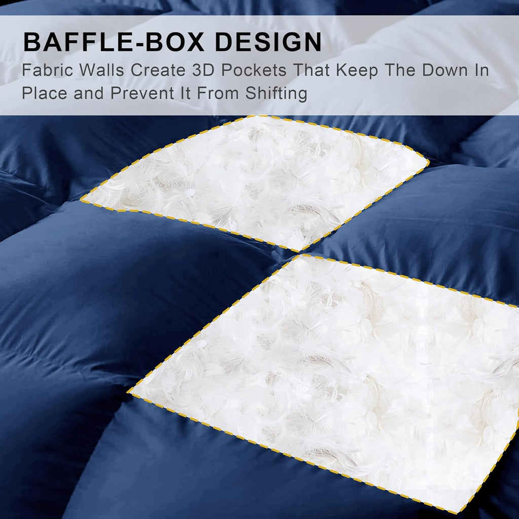 Luxury Goose Feather Down Fiber Comforter Queen, 300TC Blue Cotton Blended Duvet Insert