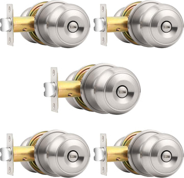 Brushed Nickel Door Knobs, Privacy Door Knob Bedroom, Interior Door Knobs with Thumb Turning Locking Button, 5 Pack