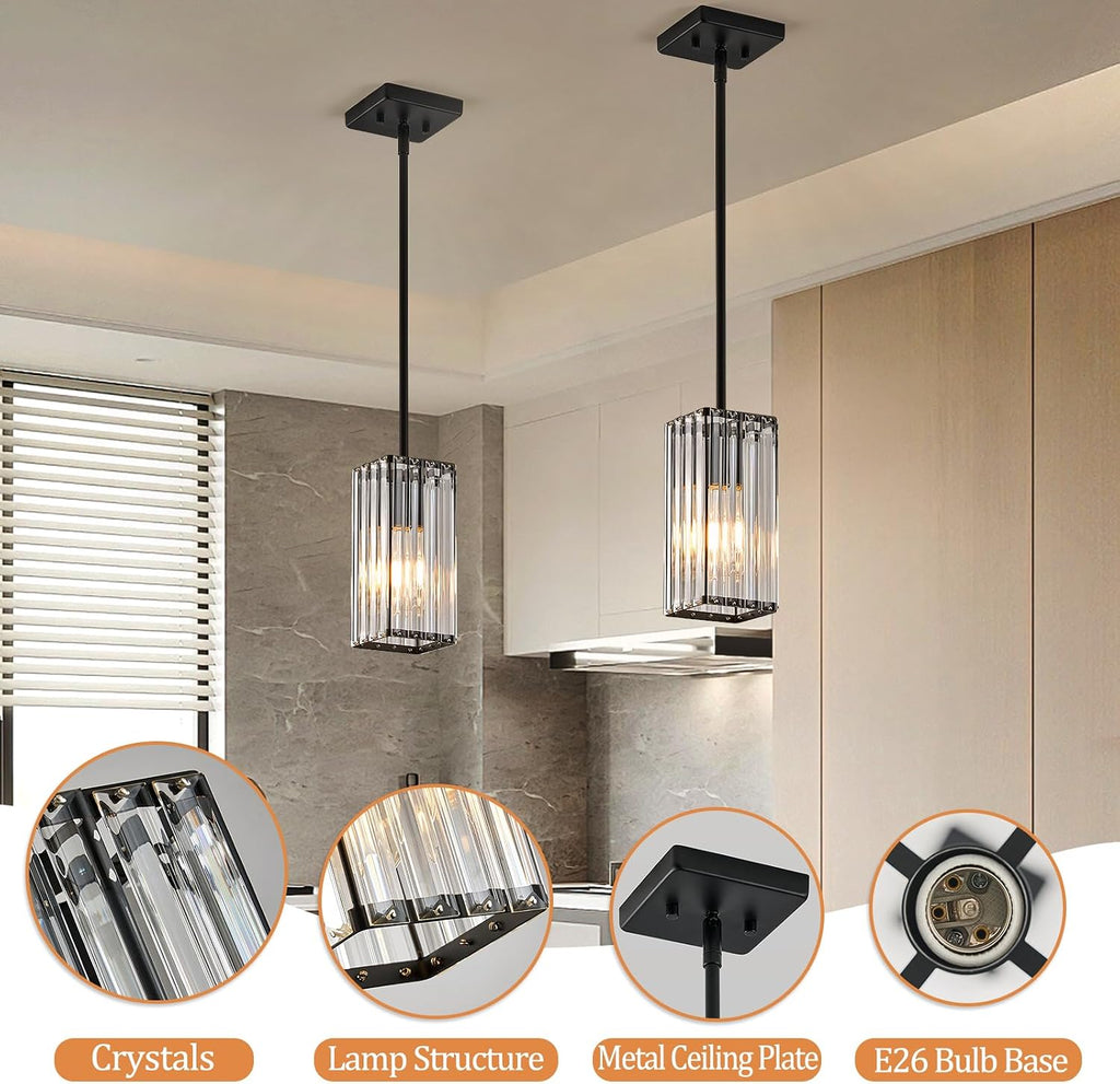 Modern Crystal Pendant Lights Kitchen Island, 3-Pack Black Hanging Light with Clear Crystal Shade, Adjustable Height