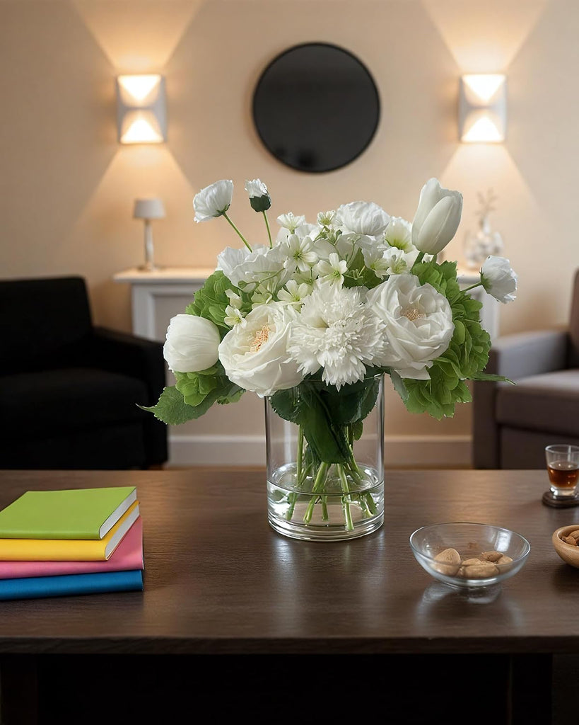 Artificial Flower Arrangement in Glass Vase with Realistic Fixed Water - Lifelike Roses, Hydrangeas, Tulips &