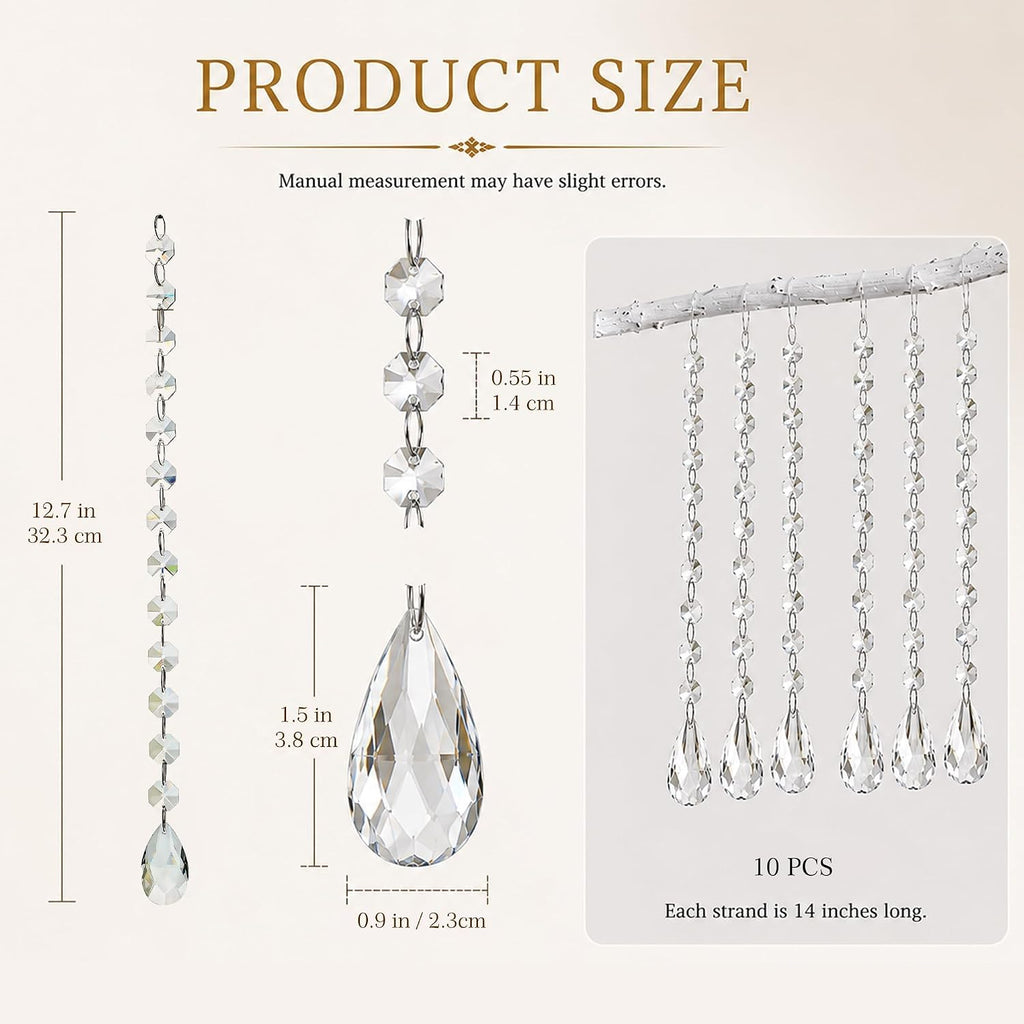 1ft 10pcs Teardrop Crystal Garland Prism Beads Chains - Hanging Crystals, Glass Chandelier Parts Replacement