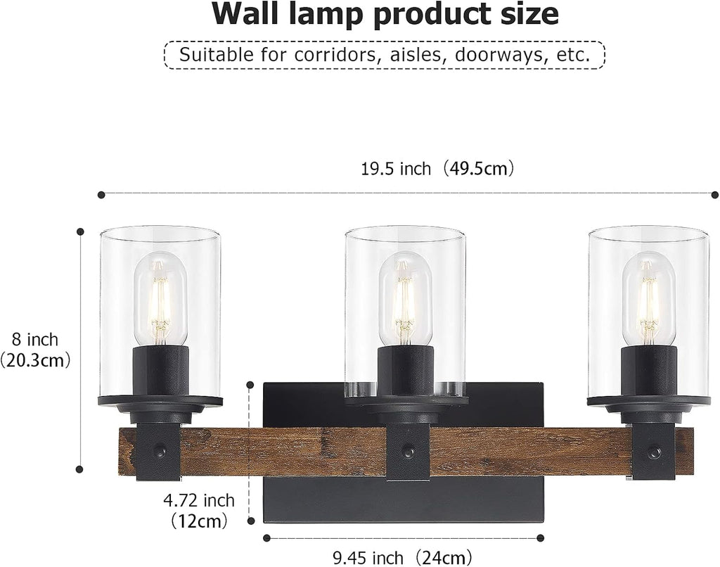 Farmhouse Vanity Light Fixture,3-Light Bathroom Wood Wall Light Over Mirror with Clear Glass Shade, Rustic Vintage