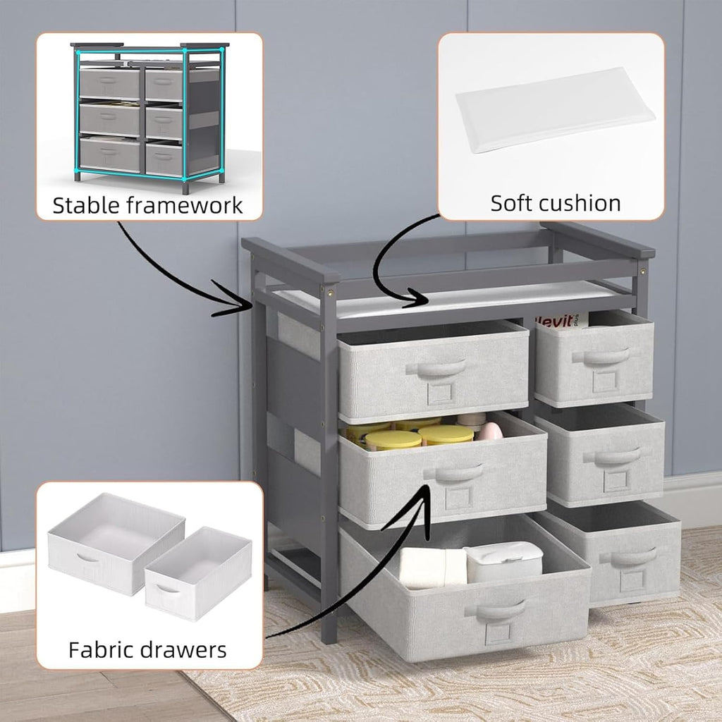 Baby Changing Table with 6 Storage Drawers and Pad Topper Modern Diaper Change Station Changing Table Dresser for