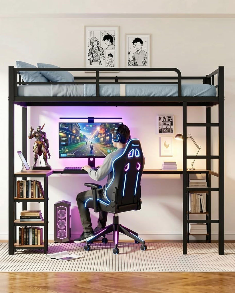 Full Loft Bed with Desk & Open Shelves, Heavy Duty Metal Bed Frame with Safety Guardrails & Ladder