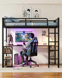 Full Loft Bed with Desk & Open Shelves, Heavy Duty Metal Bed Frame with Safety Guardrails & Ladder