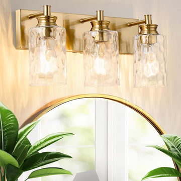 3 Light Bathroom Vanity Light Modern Brushed Gold Bathroom Light Fixtures Over Mirror with Hammered Glass Lampshade