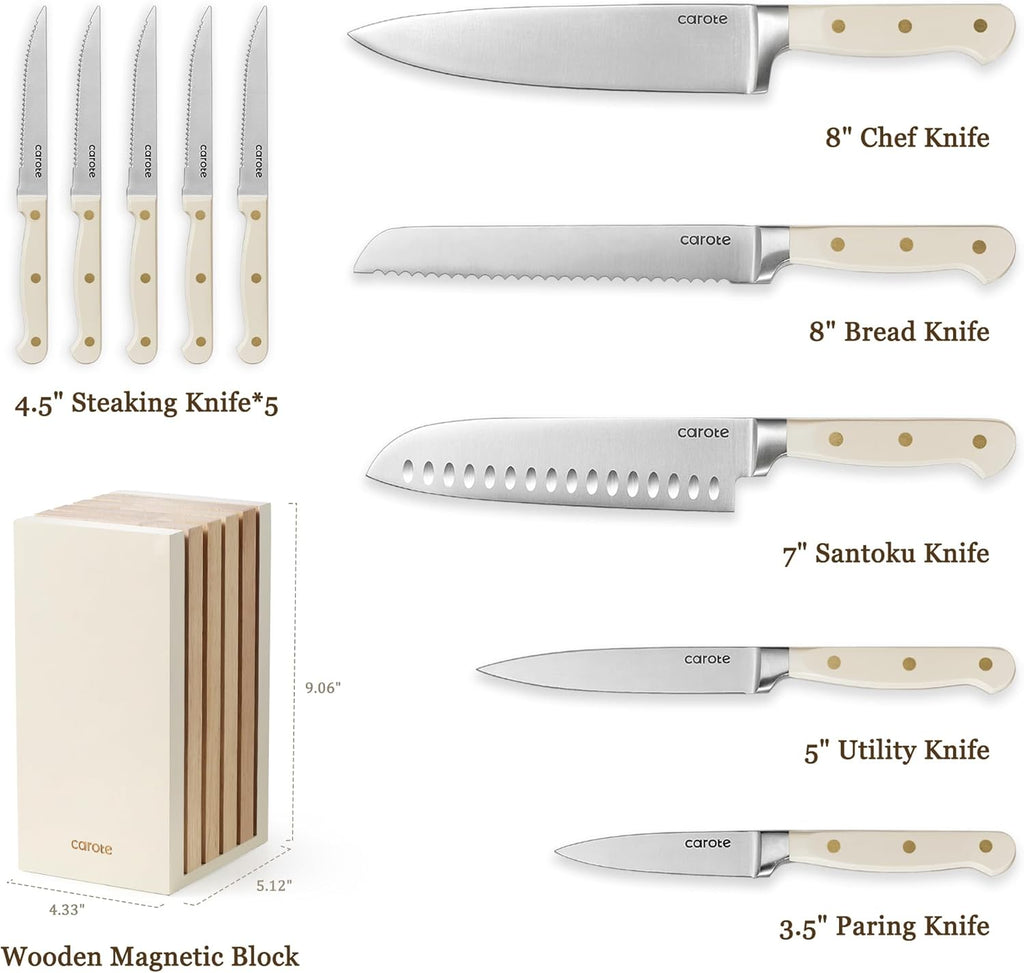 11-Piece Kitchen Knife Set with Magnetic Wood Block, Beige | Razor-Sharp Stainless Steel Knives, Long-Lasting