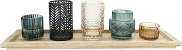 5-Piece Embossed Glass and Metal Tealight Candle Holders in a Wood Tray, Multicolor