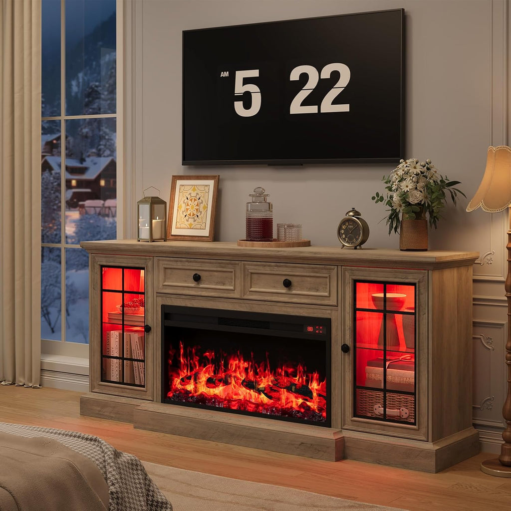 Fireplace TV Stand Up to 80" TVs, 70'' Modern Entertainment Center with 36" Electric Fireplace & LED Lights