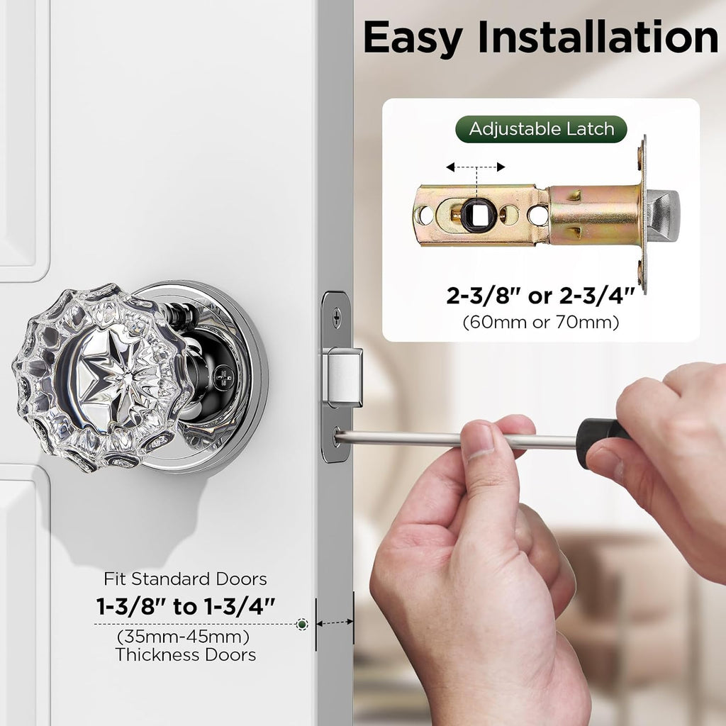 1 Pack Crystal Door Knob, Rosette Shaped Glass Door Knobs Interior with Lock, Polished Chrome Door Knobs Interior