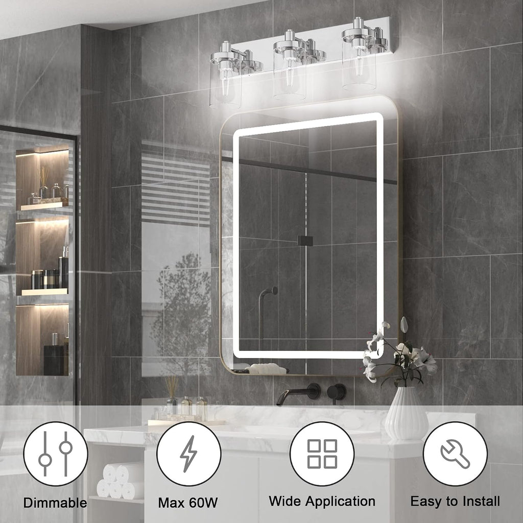 Chrome Vanity Light 3 Light Farmhouse Bathroom Lights Fixtures Over Mirror with Clear Glass Shade(Exclude Bulb)