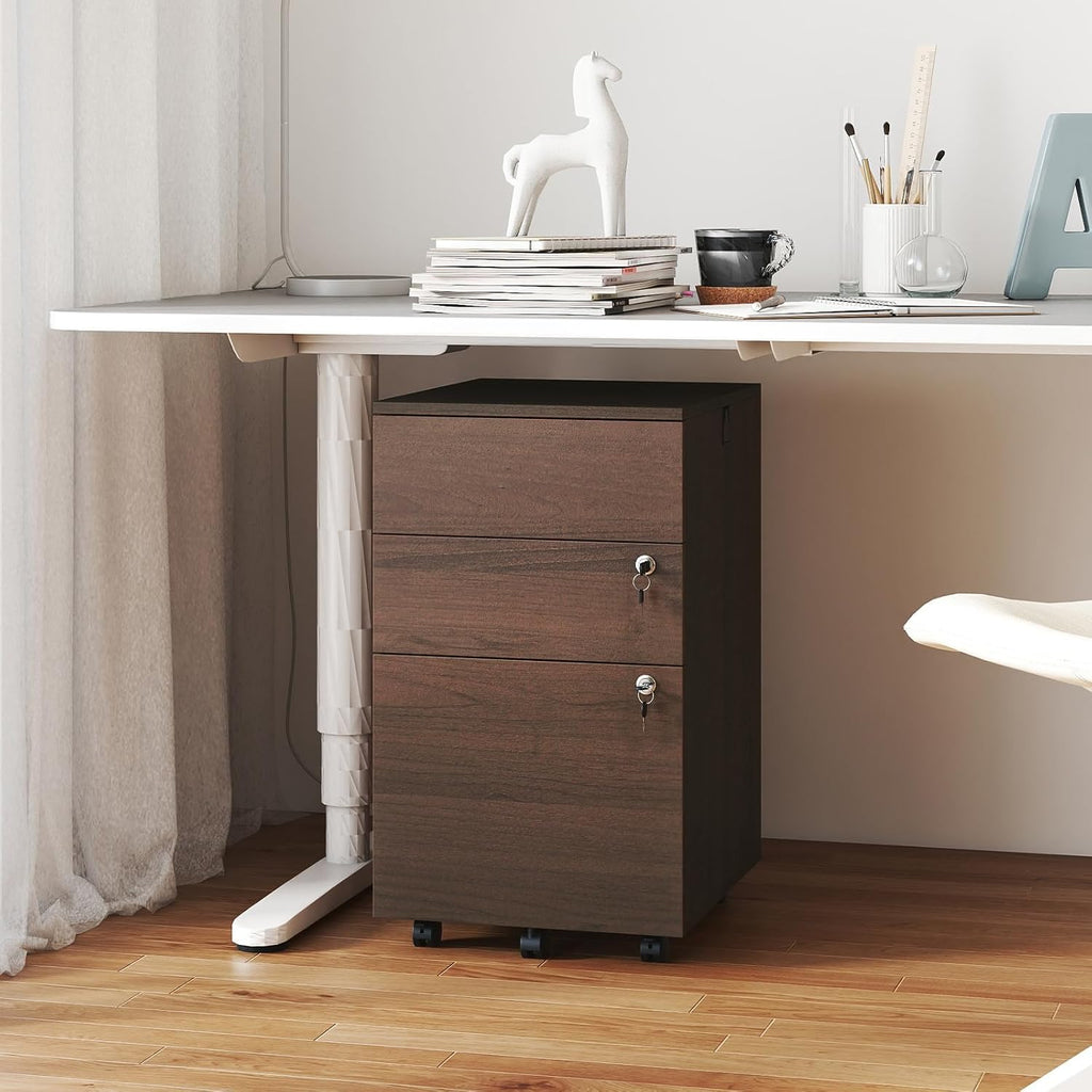 3-Drawer File Cabinet with Lock, 27-Inches Storage Cabinet with 2 Side Hooks, Mobile Printer Stand, Wheels, 4 Keys