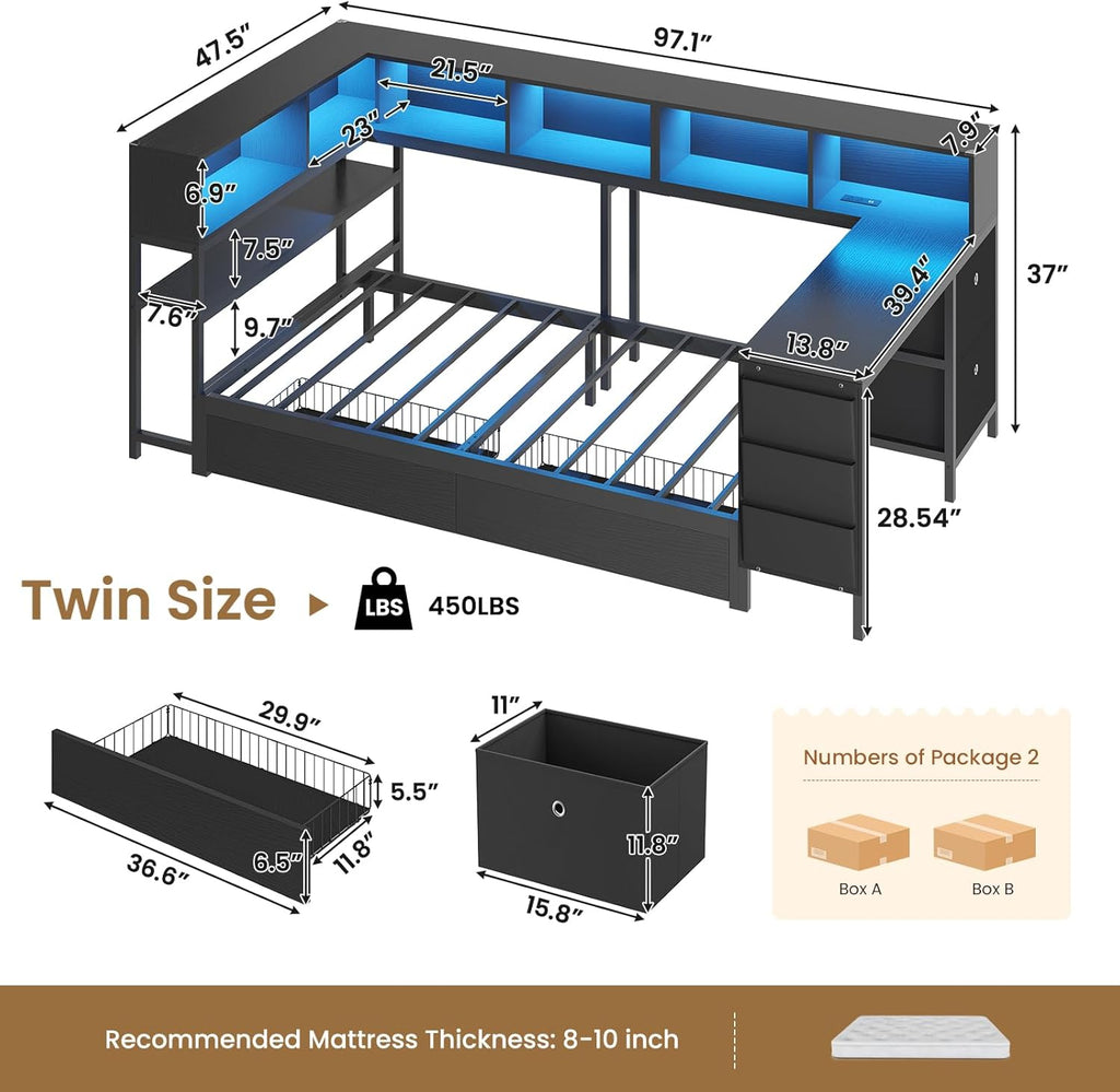 Corner Twin Bed Frame with Desk,Charging Station and Bookcase Storage Twin Size Daybed for Kids/Teen with Storage