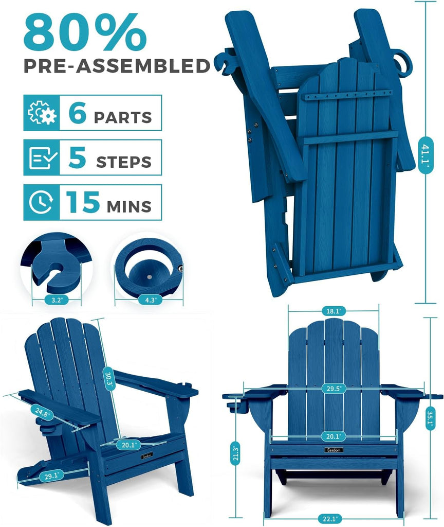 Folding Adirondack Chair, All-Weather HDPE Patio Chair with 2 Cup Holders | Wide Armrest, Wood Grain, Oversized