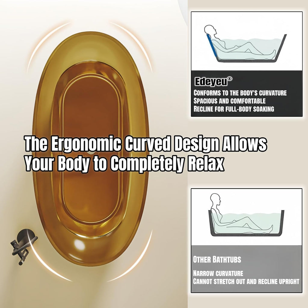 72" Edeyeu Freestanding Bathtub - Luxury Soaking Tub Made With Natural Resin Material, Extra Deep Solid Surface