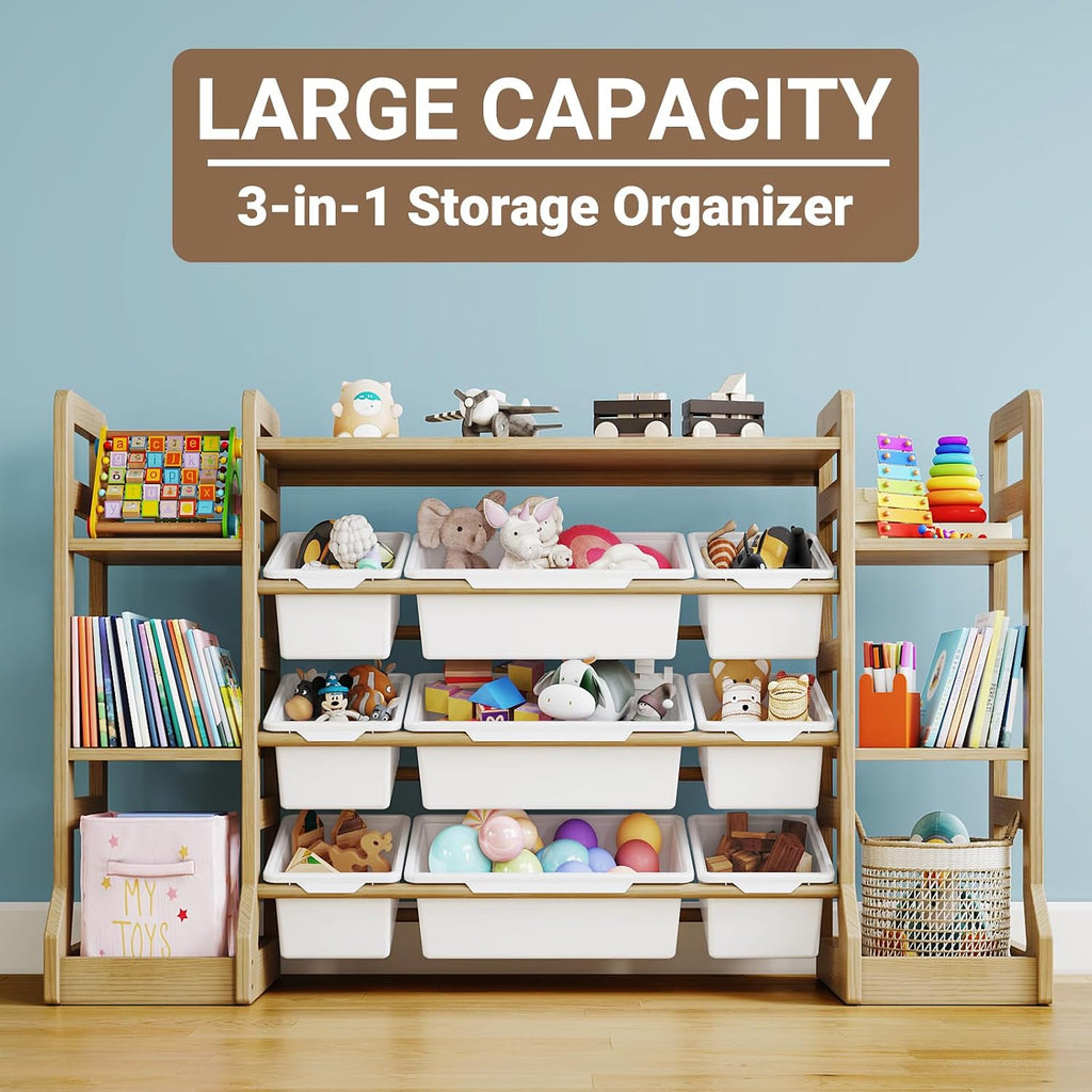 Kids Toy Storage Organizer with Bookshelf, 6 Shelves 9 Bins | Wooden Toy Shelf, Storage Boxes, Extended Base Sturdy