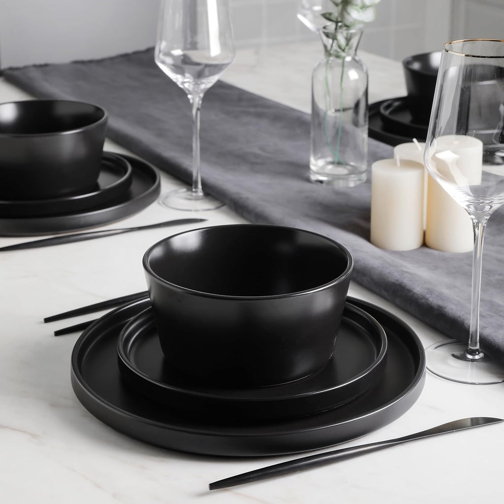 Celina Stoneware 16 Piece Modern Dinnerware Set, Plates and Bowls, Black Matte, Service for 4