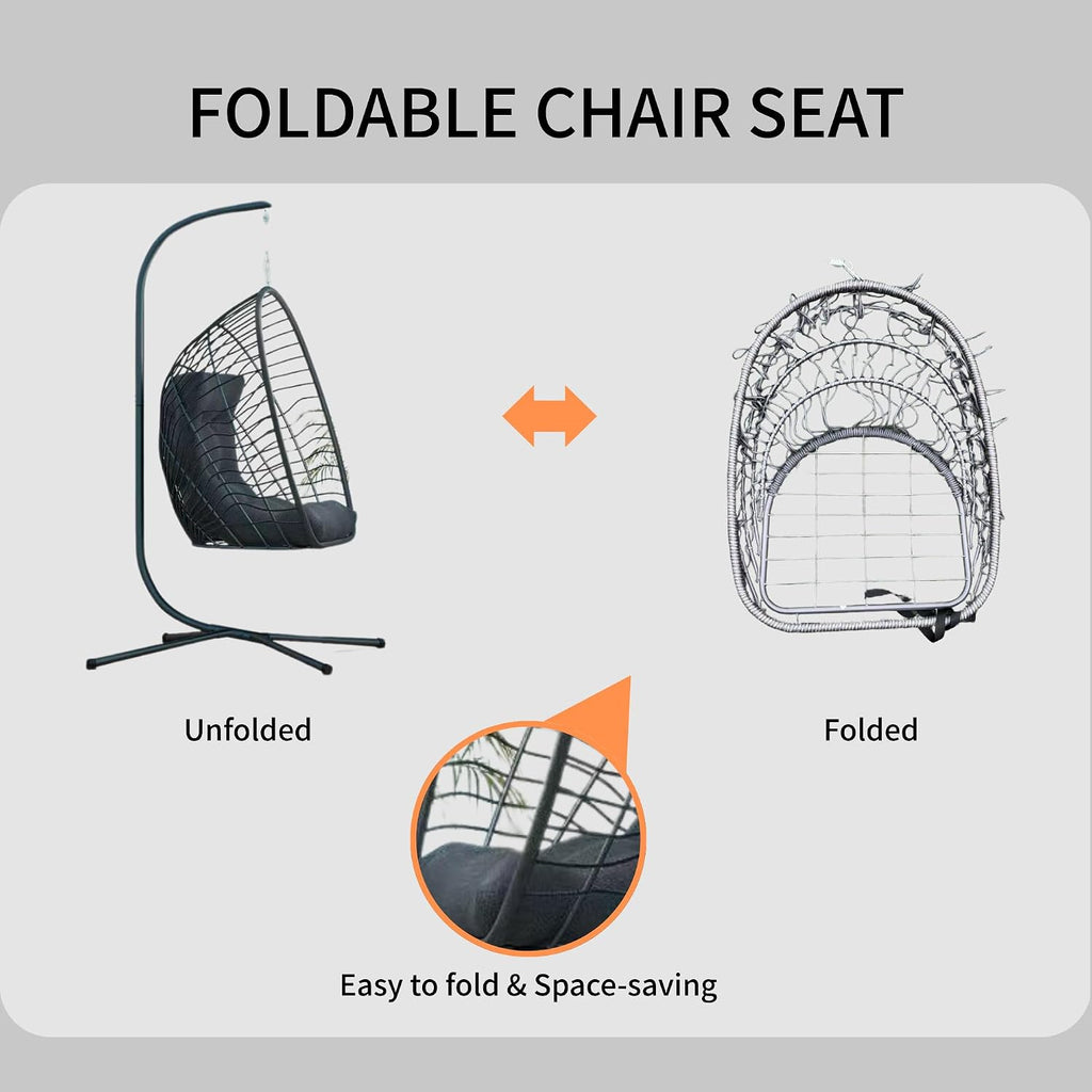Hanging Egg Chair with Stand Indoor Outdoor, Foldable Rattan Wicker Hammock Egg Swing Chair Porch Patio Garden