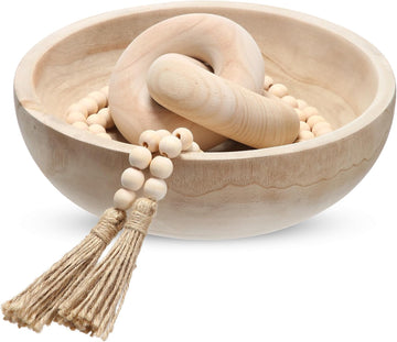 Farmhouse Wooden Decoration Set, Wooden Bowl, Chain, Beads, Suitable , Bohemian, Coffee Table, Bedroom