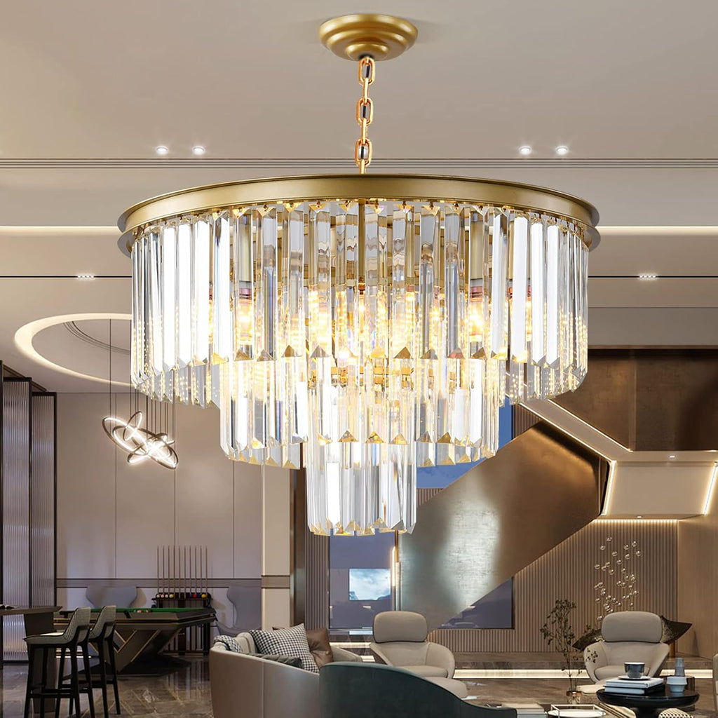 Gold Modern Crystal Chandelier, 3-Tier Round Flush Mount Ceiling Light Fixtures Height Adjustable Pendant Lighting