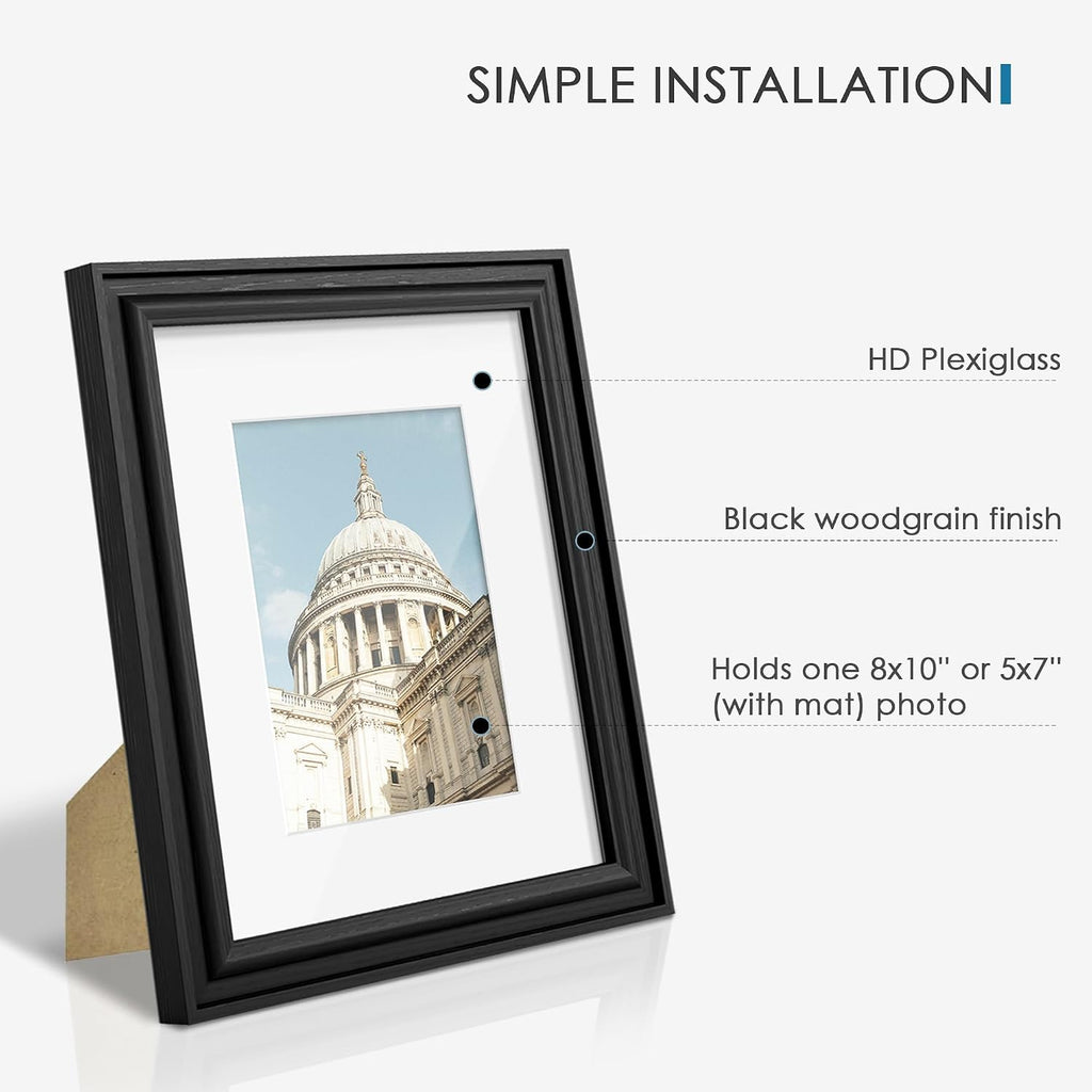 8x10 Picture Frame Set of 6, Wall or Tabletop, Black Woodgrain | Display 5x7 with Mat or 8x10 Without Mat, Horizontal