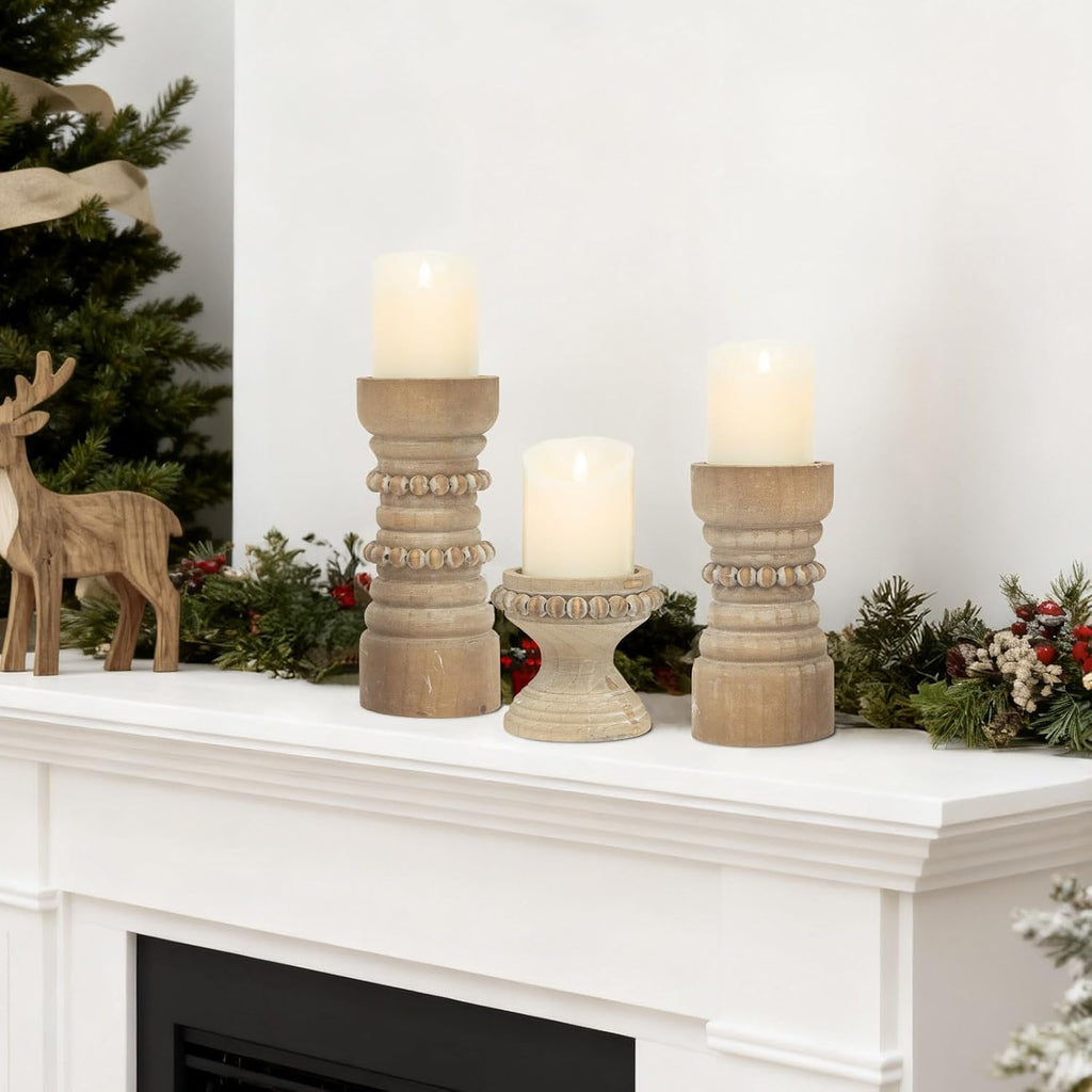 Rustic Natural Wood Candle Holders Set of 3, Farmhouse Beaded Wood Pillar Candle Holder, Candle Holders for Pillar