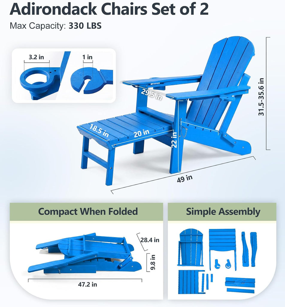 Folding Adirondack Chairs Set of 2 with Ottoman, 5-Position Adjustable Backrest, HDPE All-Weather Fire Pit Chairs