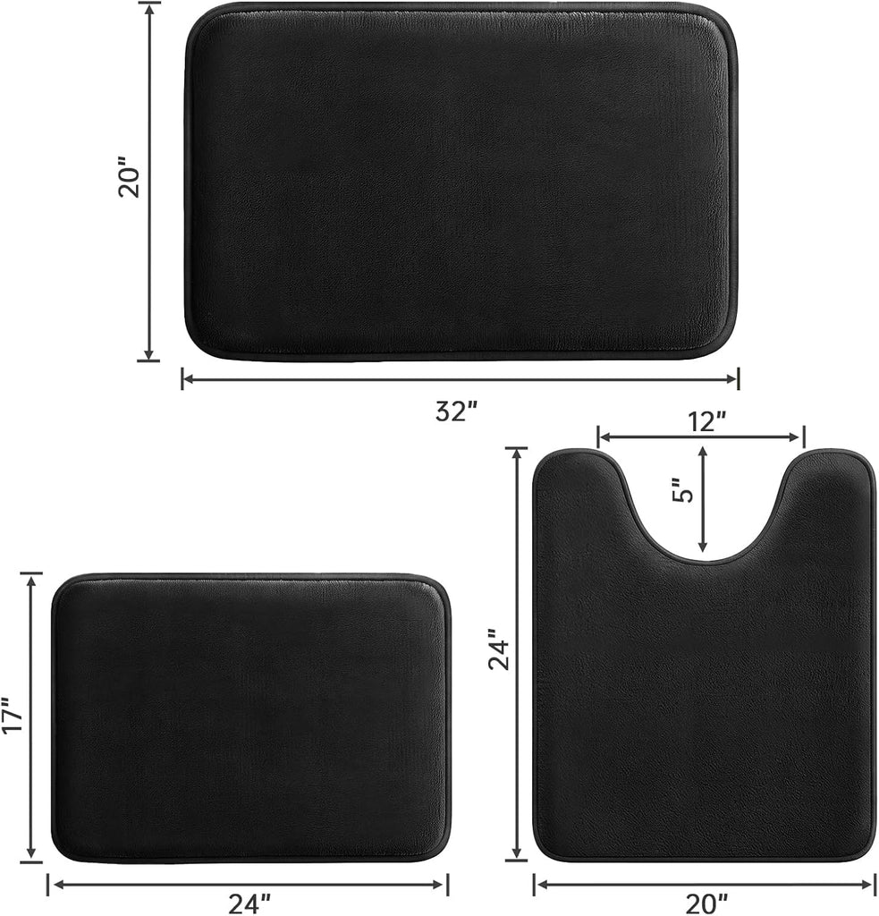 3-Piece Memory Foam Bathroom Rug Set, Black | Quick Dry Velvet Surface, Non-Slip & PVC Backing, Ultra Soft Bath Rugs