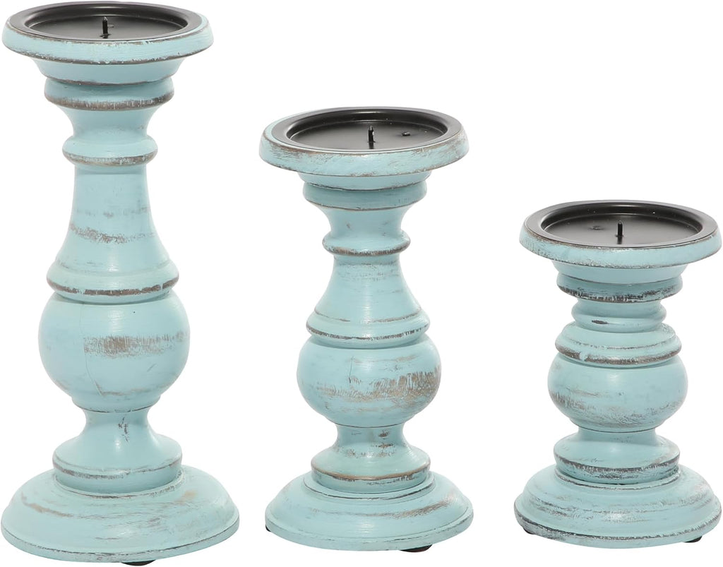 79 Mango Wood Decorative Candle Holder Distressed Turned Pillar Candle Stand, Set of 3 Candlestick Holder 6", 8"