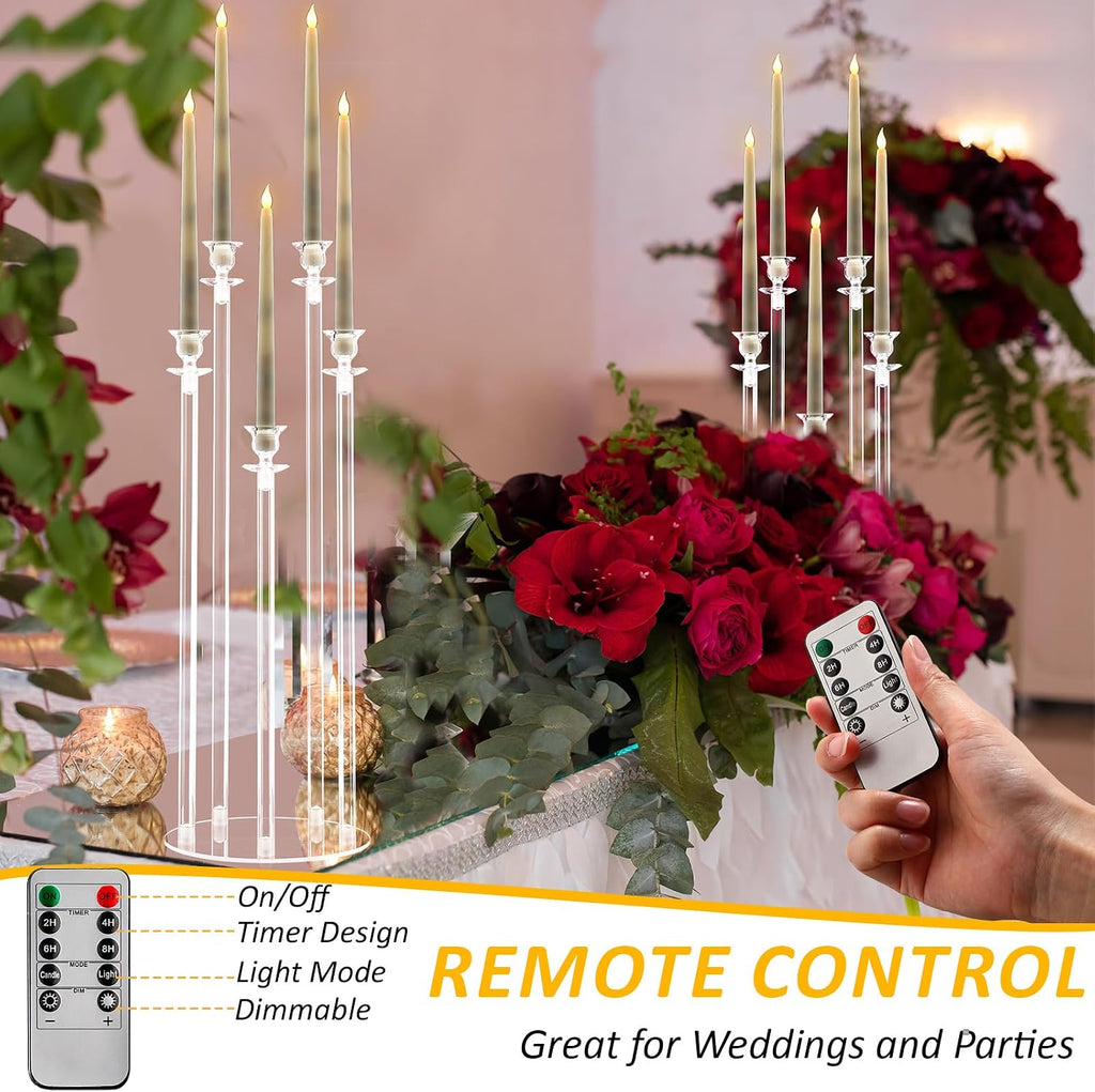 4 Set 5 Arms Acrylic Candelabra Centerpieces, Clear Candlesticks Holders with 20 LED Candles 2 Remote Timer 22 Rubber