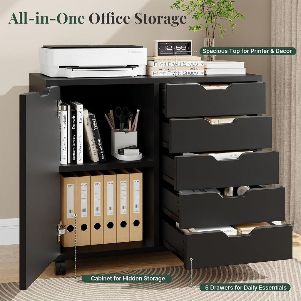 5-Drawer File Cabinet, Printer Stand with Storage, Black | Wood Under Desk with Organizer with Door and Adjustable