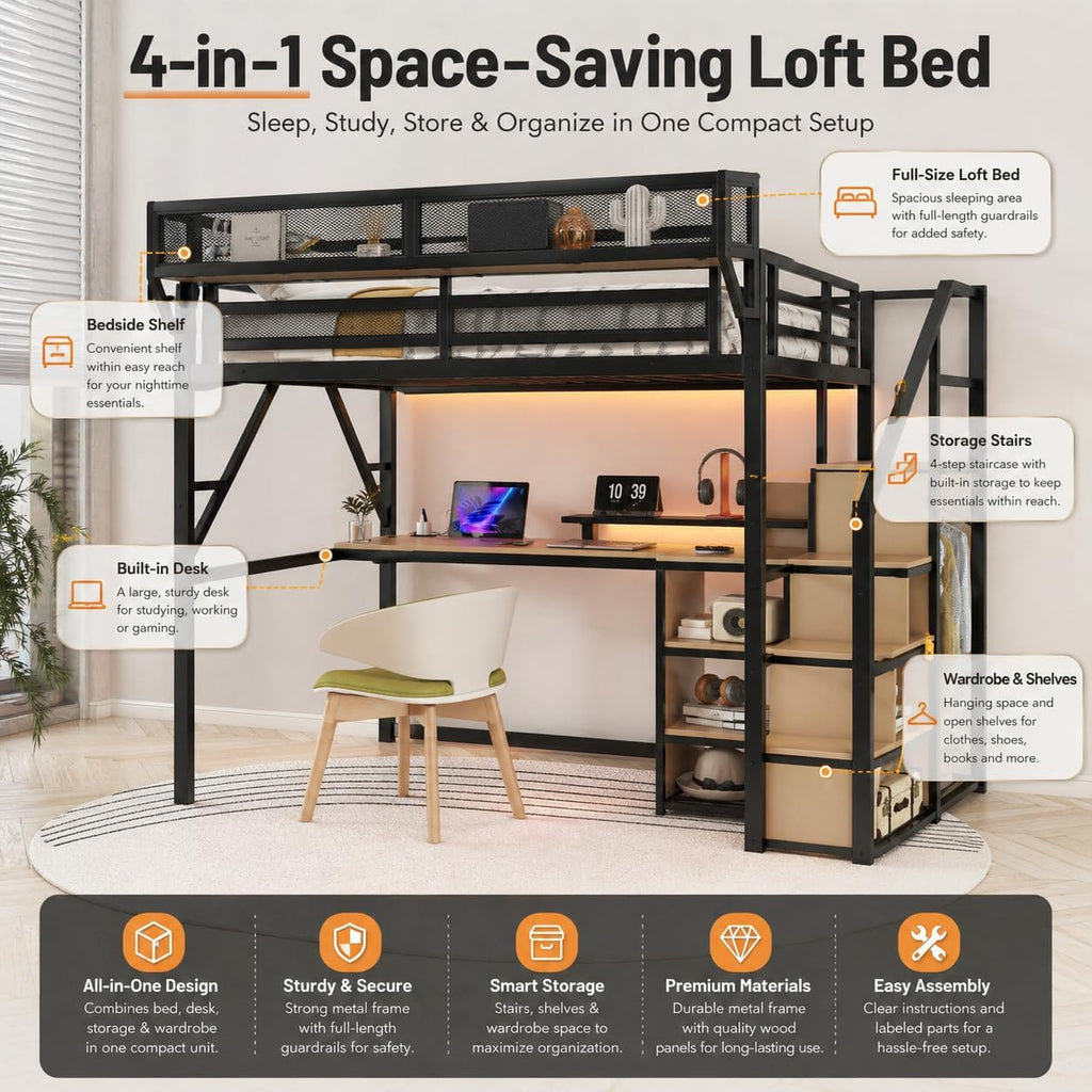 Full Loft Bed with Desk and RGB Light, Metal Loft Bed Frame with Stairs and Bedside Shelf