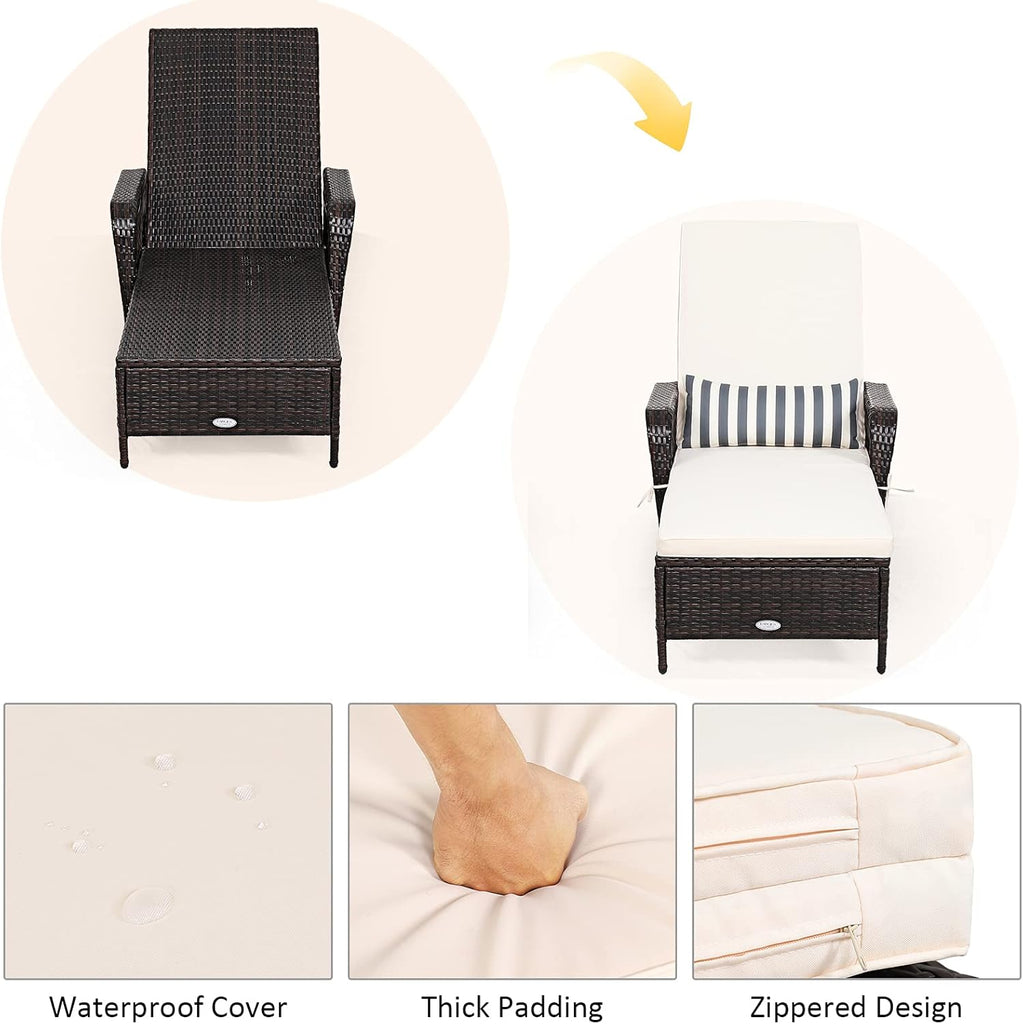 PE Rattan Chaise Lounge Chair, 6 Gear Adjustable Recliner with Armrest & Pillow, Wicker Outdoor Furniture for Deck