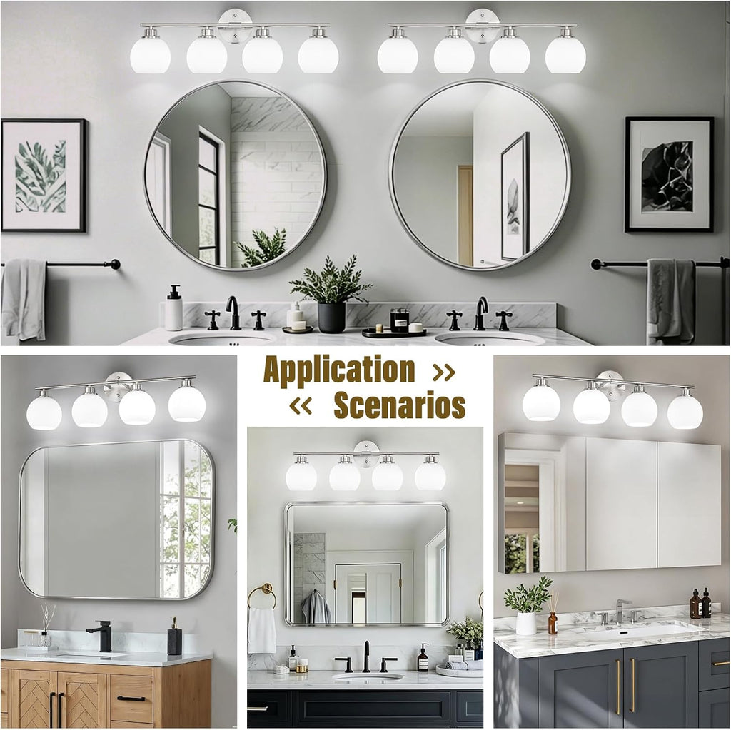 Brushed Nickel Bathroom Light Fixtures, 4-Light Vanity Light Over Mirror | Modern Bathroom Lighting Over Mirror, Wall