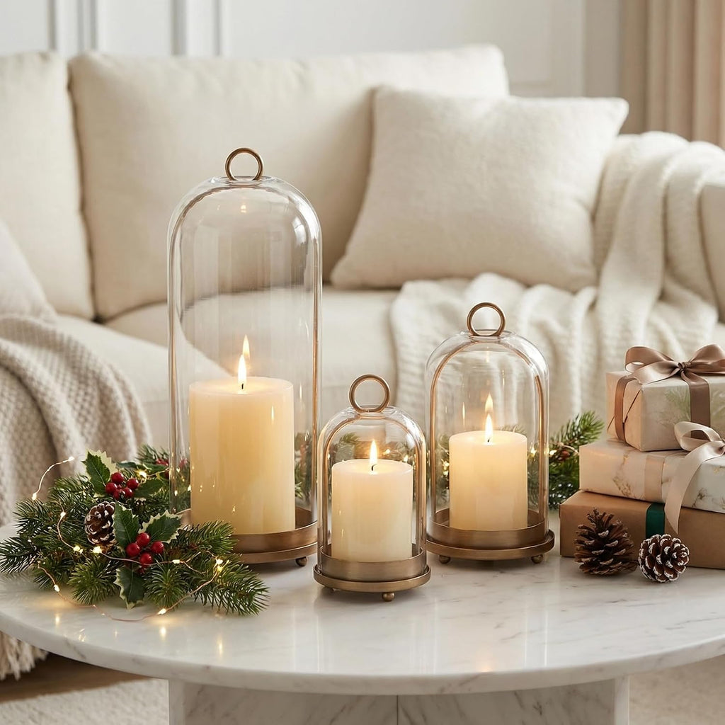 15"&9"&7" Hurricane Glass Candle Holders Set of 3, Metal Candle Holder with Handmade Glass Dome in Brass, Hanging