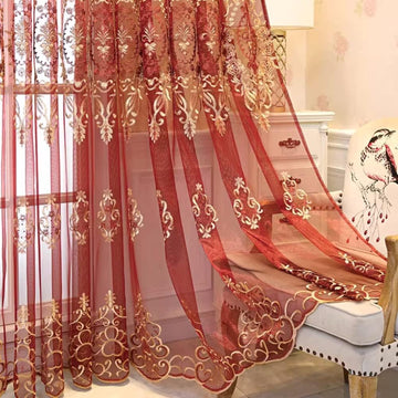 1 Pair European Jacquard Sheer Curtains Bedroom Luxury Embroidered Tulle Curtains (Red,52x90 Inch)