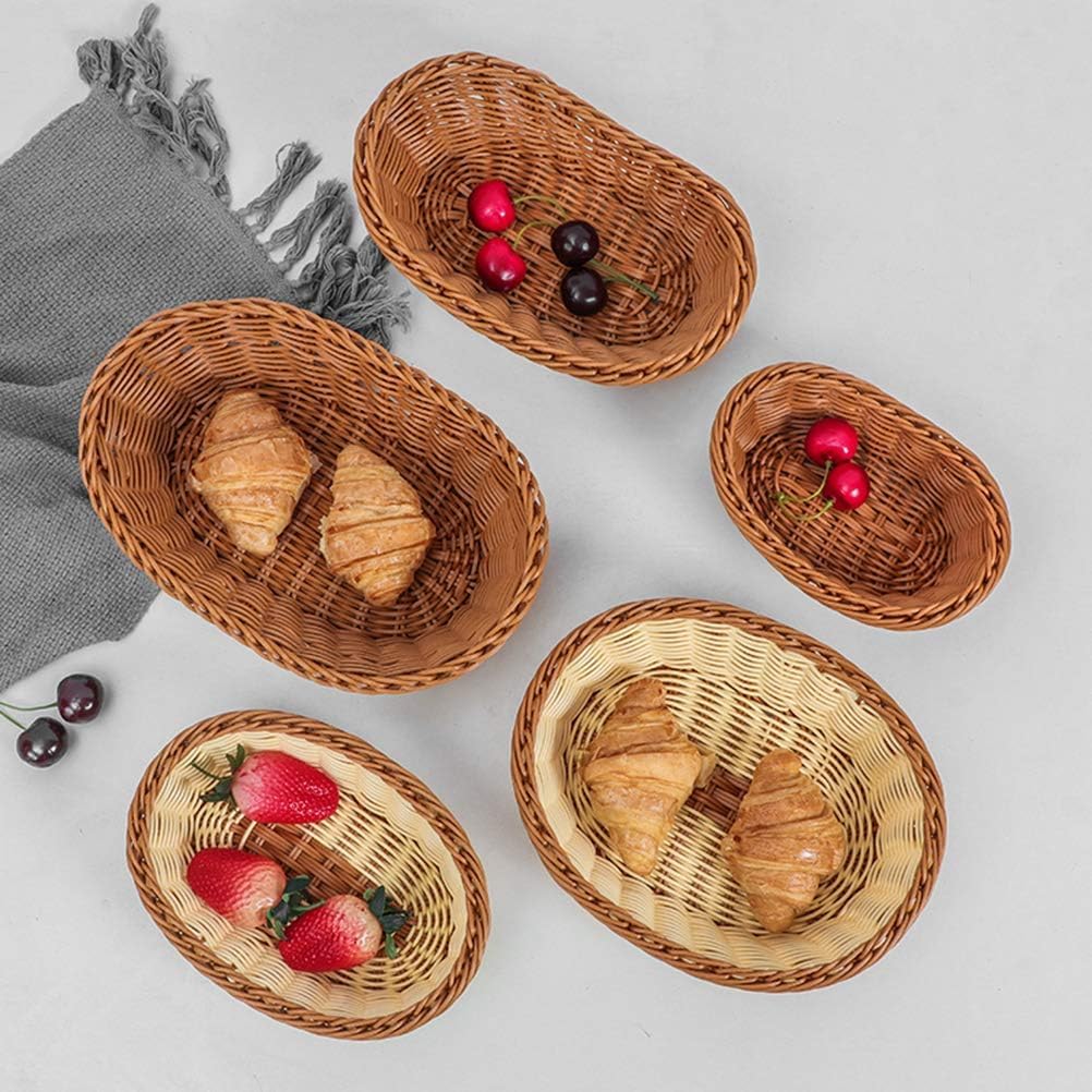3 Pack Small Woven Breads Baskets, Oval Fruit Baskets Stackable Plastic Wicker Basket for Serving Vegetables