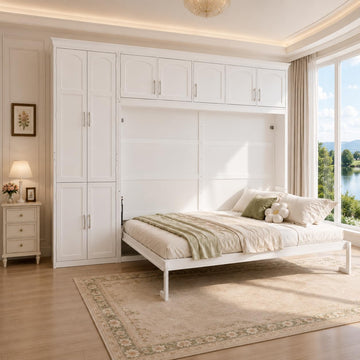 Queen Murphy Bed Wall Bed with Cabinets,White