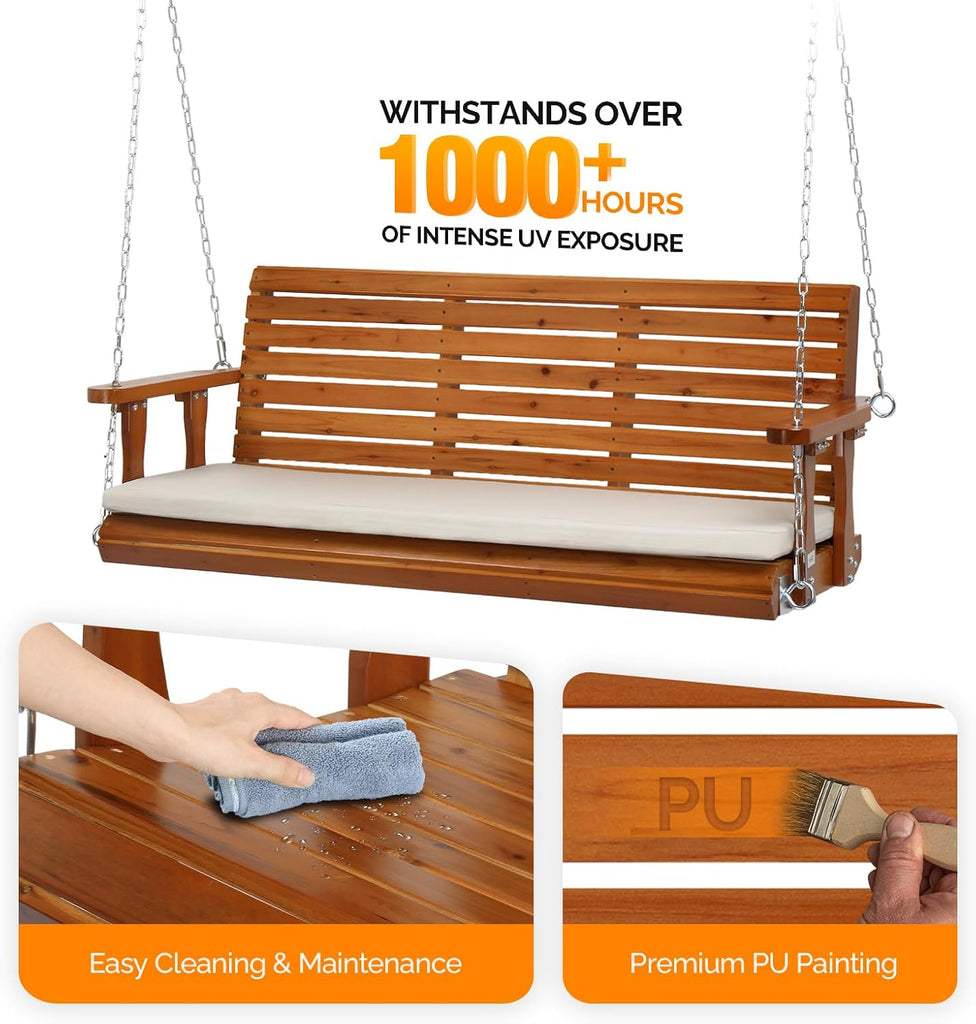 5 FT Heavy Duty Porch Swing with Cushion, 880 LBS Wooden, Brown | Extra Cushion Included; Heavy-Duty Wood Frame;