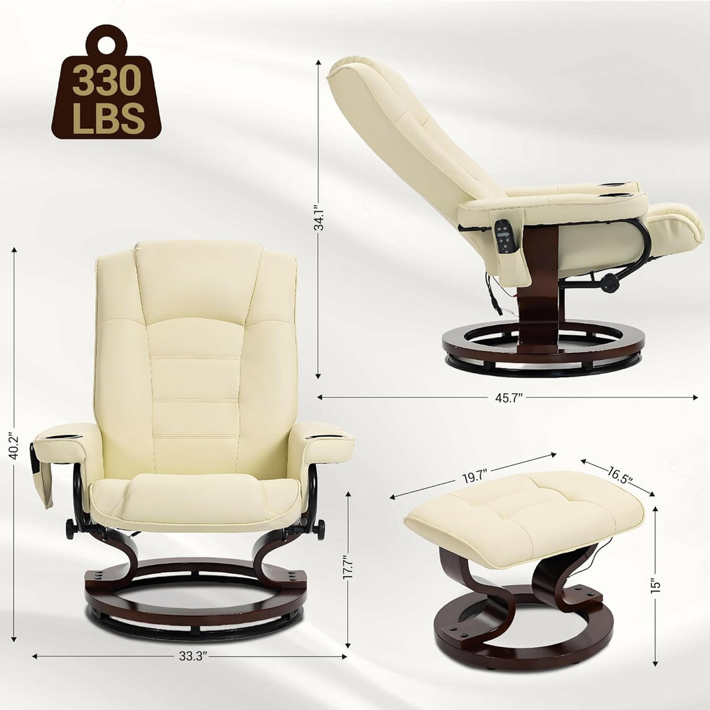 Modern Reclining Swivel Lounge Chair and Ottoman — Beige PU Leather