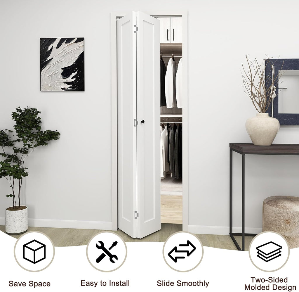 24 in.x 80 in. Bifold Barn Door, 1 Panel Shaker Style White Primed Bifold Closet Door, Hollow Core I
