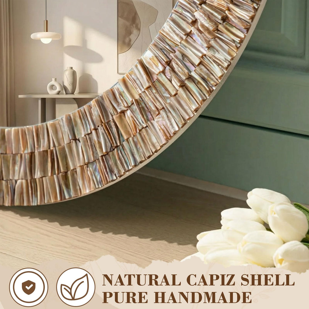 Large 24 Inch Round Capiz Shell Mirror Coastal Seashell Wall Decor